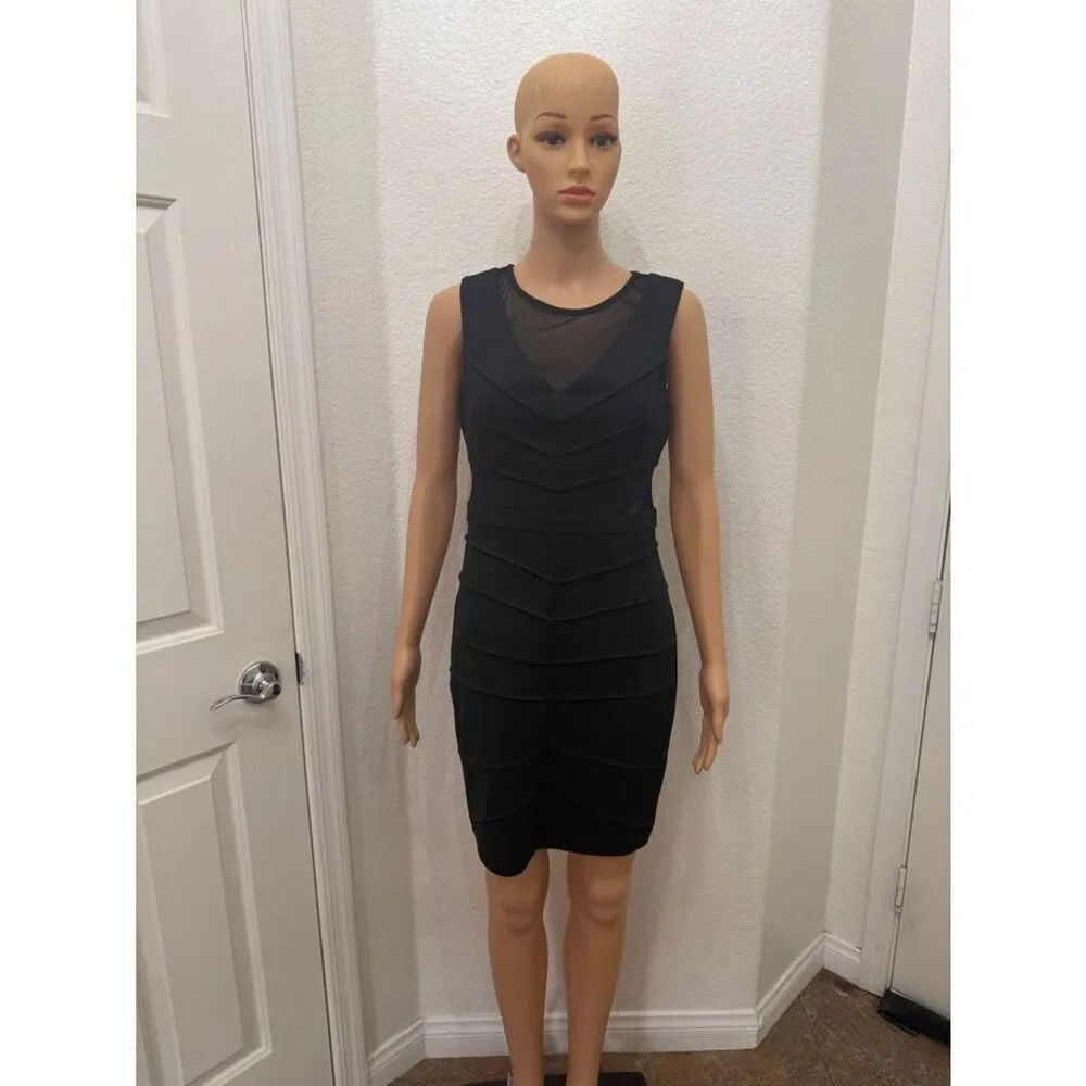Guess Black Mesh-Accented  Size 4 Layered Bodycon Bandage Sleeveless Mini Dress